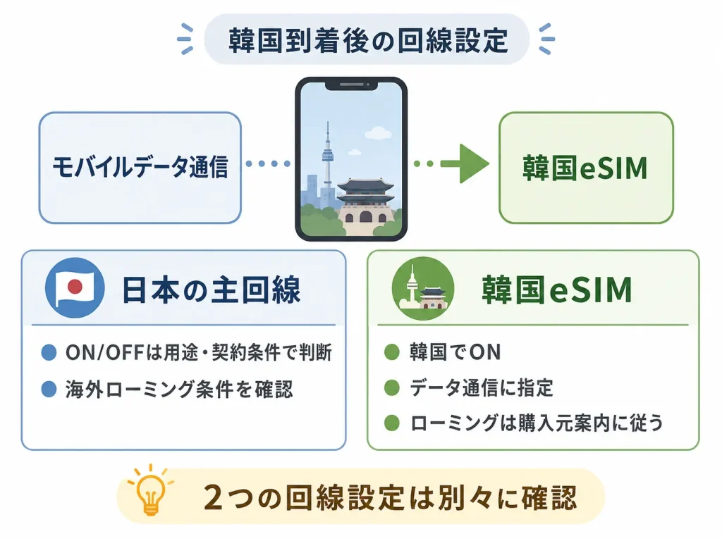 韓国eSIMと日本の主回線のデータ通信・ローミング設定の違いを示した図