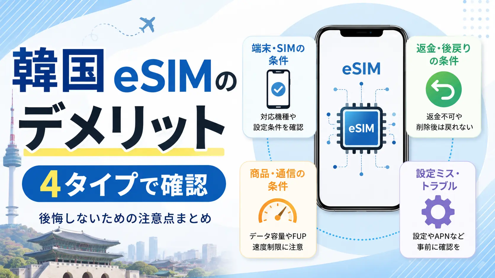 韓国eSIMのデメリットを4タイプに分けて確認する記事のアイキャッチ