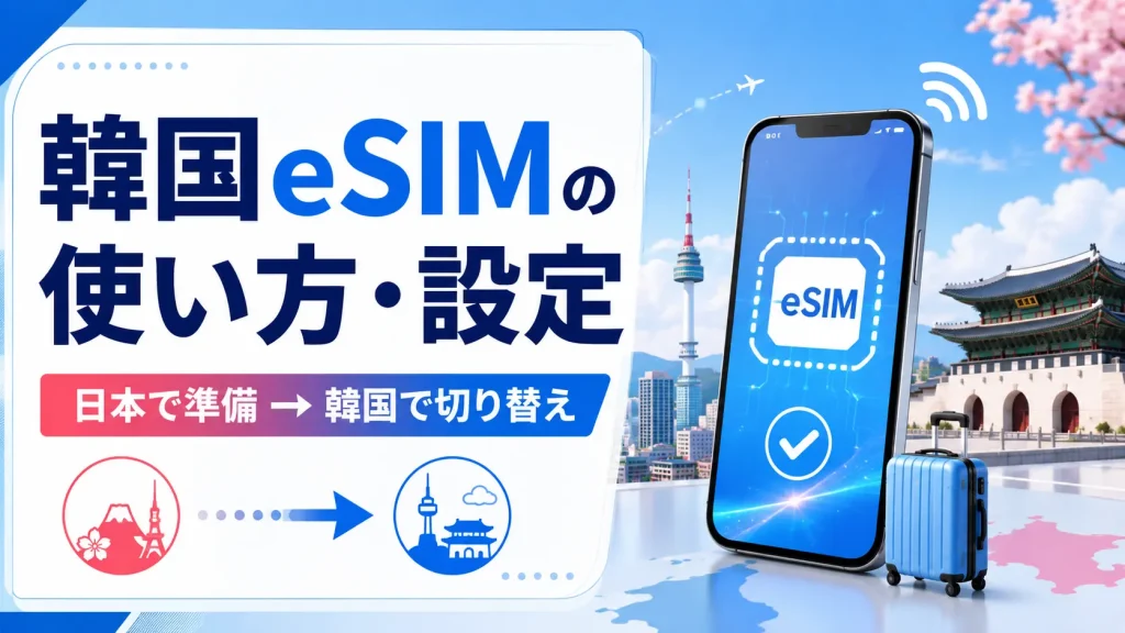 韓国eSIMの使い方と日本での準備・韓国到着後の切り替えを表したアイキャッチ