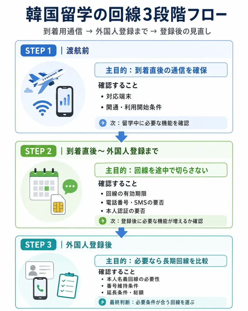 韓国留学で渡航前から外国人登録後までの回線選びを3段階で整理した図
